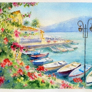 Acquerello originale Dipinto Italia Lago di Garda Originale arte di viaggio