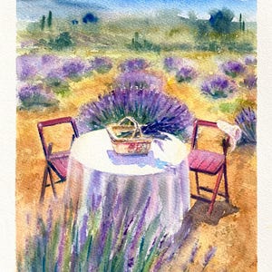 Dipinto originale di paesaggio di lavanda, acquerello fatto a mano, regalo per insegnanti, amanti dei viaggi romantici.