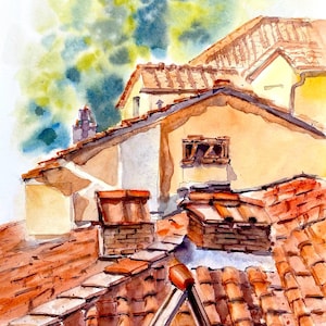 Tetti di Lucca, dipinto ad acquerello originale, veduta dell'architettura toscana, regalo per gli amanti dei viaggi in Italia.