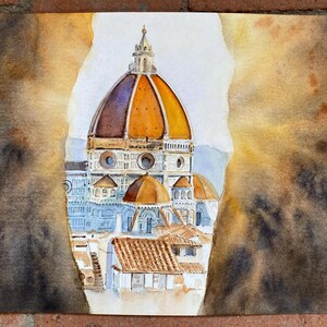 Toscane, Florence, lever de soleil sur la ville, aquarelle originale, cadeau esthétique pour les amoureux de l'Italie.