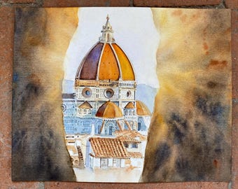 フィレンツェの日の出の水彩画：トスカーナの建築芸術（9.5 x 12インチ