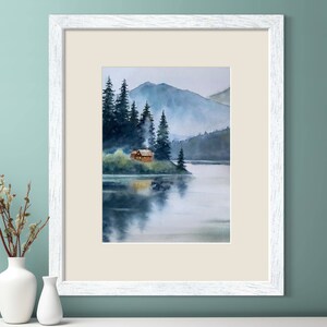 Aquarelle originale, art mural ciel coloré, paysage de montagne, forêt de pins, peinture abstraite.