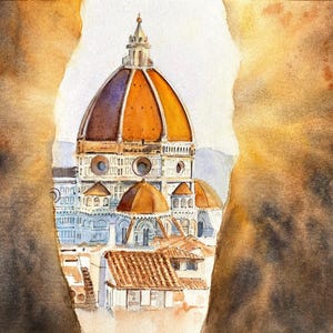 Toscana, Florença, nascer do sol sobre a cidade, pintura em aquarela original, presente estético para os amantes da Itália.