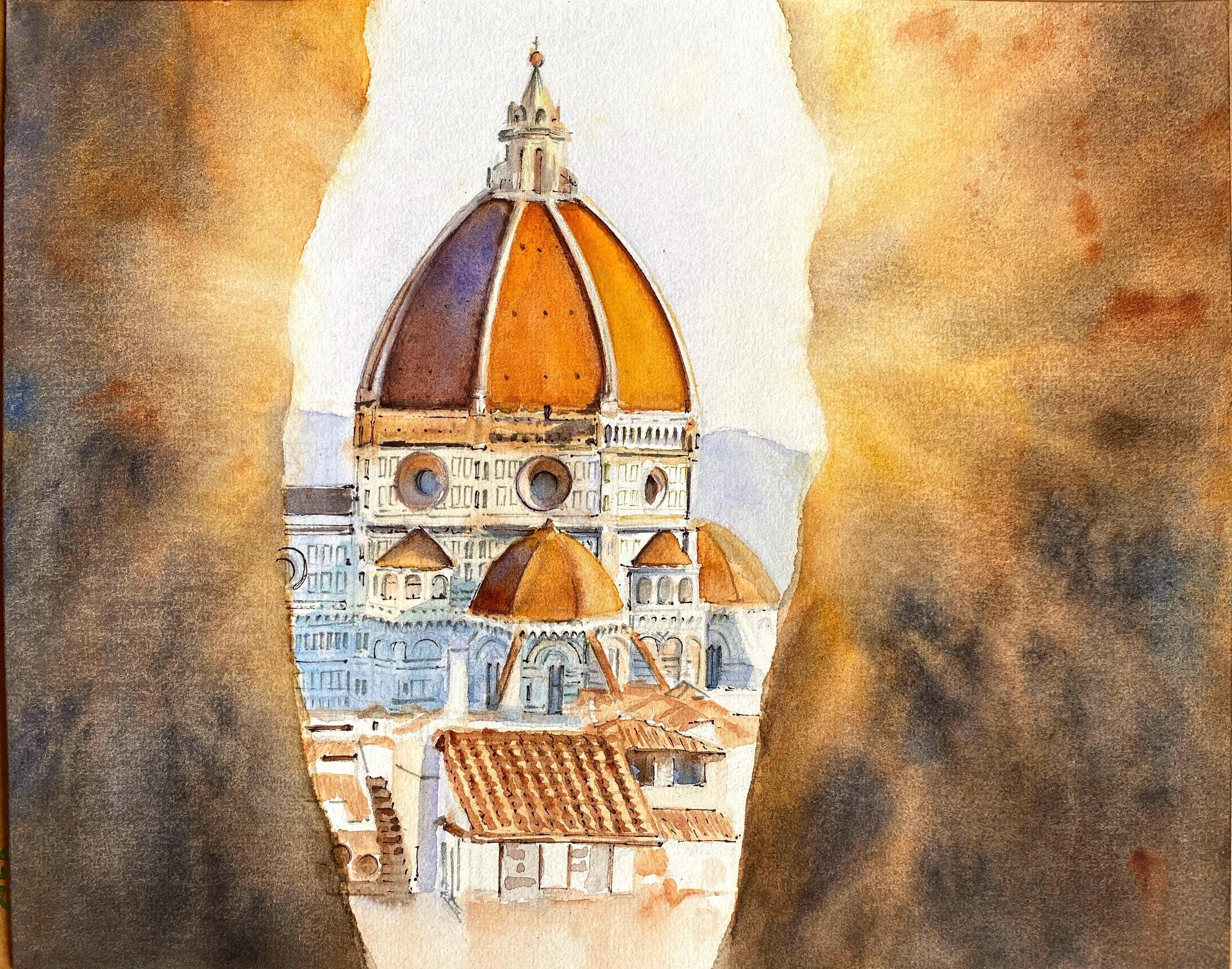フィレンツェの日の出の水彩画：トスカーナの建築芸術（9.5 x 12インチ