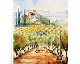 Poster, Tuscan Landscape Watercolor Print, Italian Countryside Art, Olive garden trees.