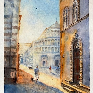 Aquarelle représentant Lucques en Italie, cadeau pour les amateurs de voyages, oeuvre d'art murale originale.
