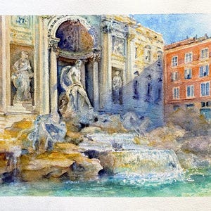 Dipinto originale ad acquerello della Fontana di Trevi a Roma, viaggio in Italia, paesaggio urbano.