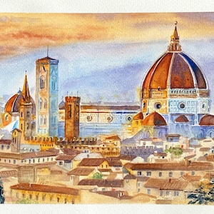 Toscane, Florence, lever de soleil sur la ville, aquarelle originale, cadeau esthétique pour les amoureux de l'Italie.