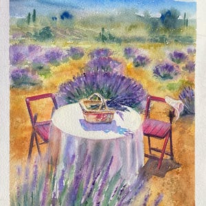 Dipinto originale di paesaggio di lavanda, acquerello fatto a mano, regalo per insegnanti, amanti dei viaggi romantici.