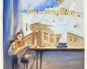 House sad girl portrait watercolor painting for coffee and book lovers, European city wall art