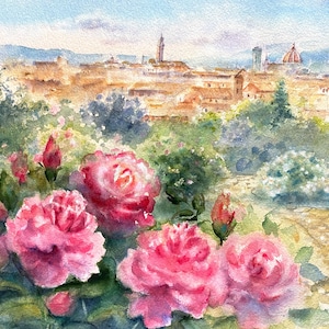 Peinture de roseraie de Florence en Toscane, art mural aquarelle original, cadeau esthétique botanique pour amoureux de l'Italie