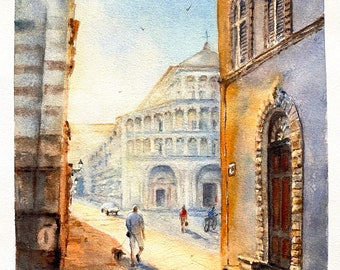 Aquarelle représentant Lucques en Italie, cadeau pour les amateurs de voyages, oeuvre d'art murale originale.