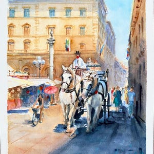 Peinture originale à l'aquarelle de Florence en Italie, attelage de chevaux, Piazza della Repubblica, amateurs de voyages.