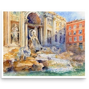 Cartel de acuarela original de la Fuente de Trevi en Roma, viaje a Italia, paisaje urbano.