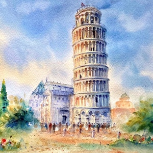 Aquarelle originale de Toscane, art de voyage de la tour penchée de Pise, en Italie.