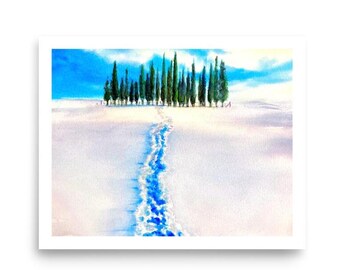Print of Original Handmade Watercolor Painting Tuscany Christmas, Holiday Decor Gifts