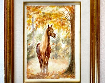 オリジナルの水彩画「馬の絵画」：秋の風景画 - Etsy 日本