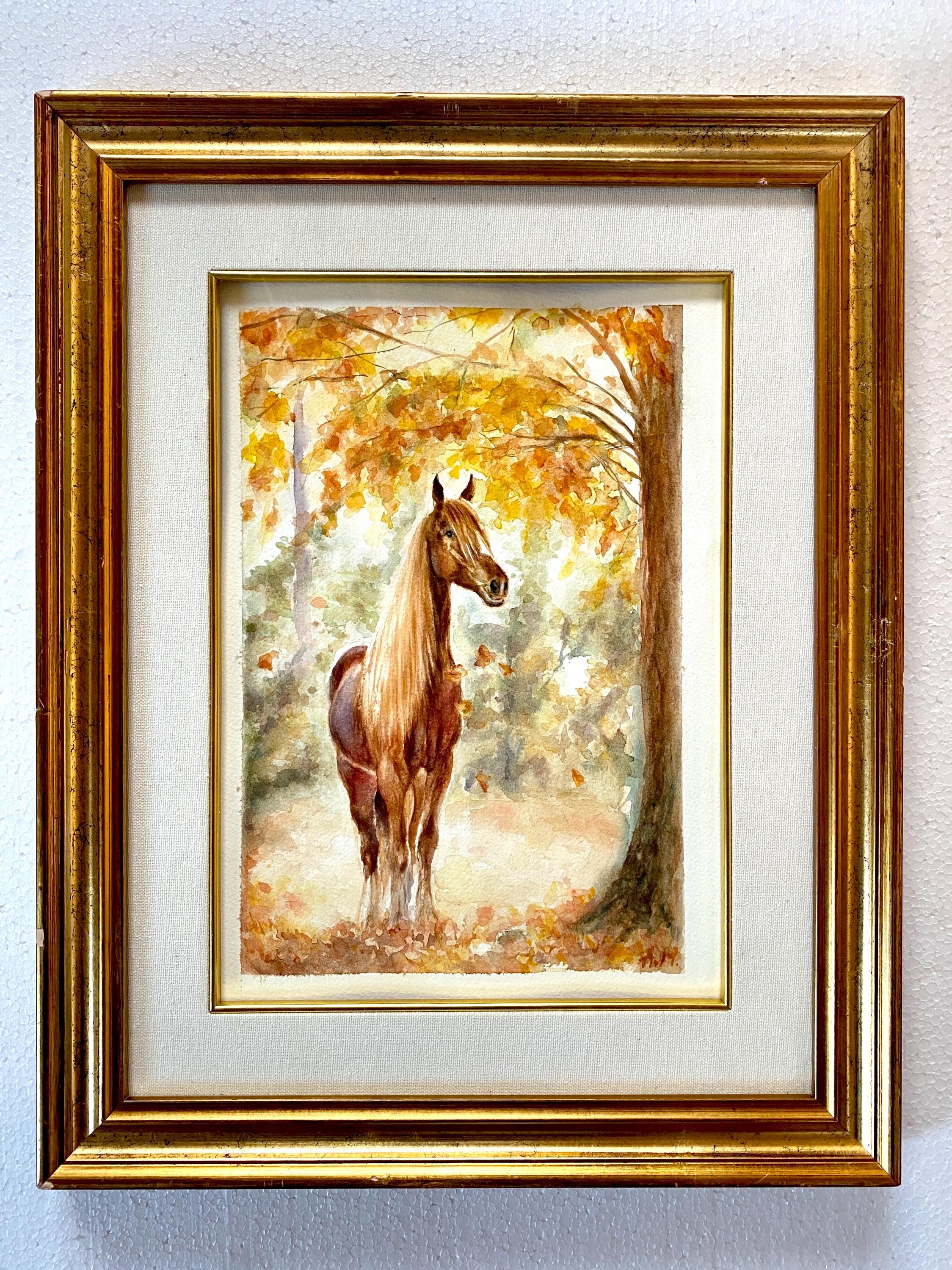 オリジナルの水彩画「馬の絵画」：秋の風景画 - Etsy 日本