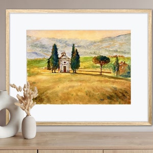 Aquarelle originale de cyprès de Toscane, art mural ciel coloré