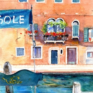 Aquarelle originale de paysage marin, gondoles de Venise, peinture italienne, croquis en plein air.