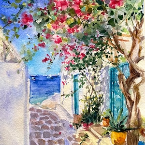 Dipinto originale ad acquerello raffigurante un paesaggio marino in Grecia, Mediterraneo, regalo da viaggio.