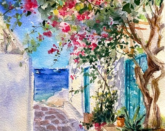 Original watercolor seascape painting of Greece, Mediterranean Yown, travel gift.