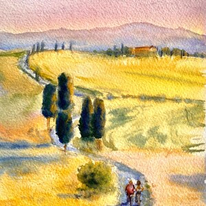 Aquarelle originale de cyprès de Toscane, art mural ciel coloré, idée cadeau, pour les amateurs de voyage, paysage italien,