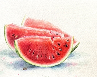 Minimal Watermelon Fruit Still Life Dipinto ad acquerello fatto a mano per lei o il regalo del migliore amico.