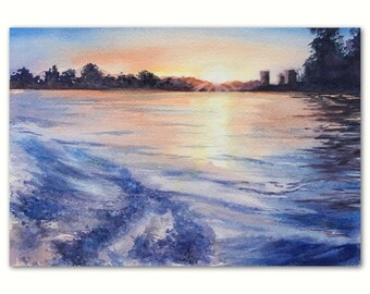 Handmade watercolor painting Original art sea with blue waves and a sunset wall art Watercolor seascape a best friend gift for Christmas