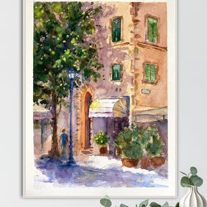 Aquarelle représentant la Toscane en Italie, les rues de la ville de Lucques. Art original fait main, idée cadeau, ville européenne, pour ceux qui aiment voyager.