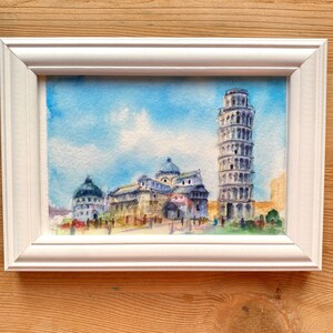 Tour penchée de Pise, mini-peinture aquarelle originale de Toscane, art de voyage en Italie.