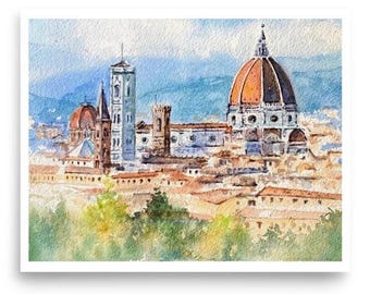 Poster, originele aquarelprint Toscane Florence, handgemaakt schilderij, architectuur van Italiaans Toscane.