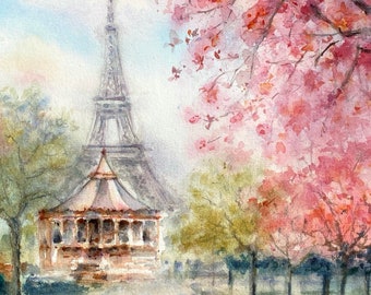 Paris original watercolor painting Eiffel Tower Original aesthetic Handmade art.