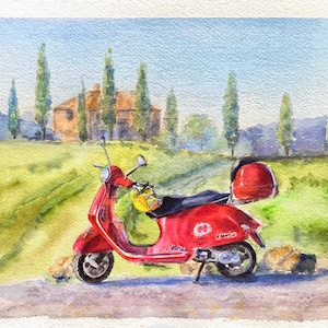 Aquarelle originale représentant la Toscane, peinture Vespa et cyprès