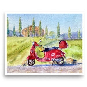 Póster, impresión de acuarela de la Toscana en Italia, pintura de Vespa y madera de ciprés, arte mural estético de paisaje rural.