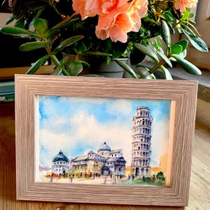 Torre pendente di Pisa, mini dipinto ad acquerello originale della Toscana, arte di viaggio in Italia.