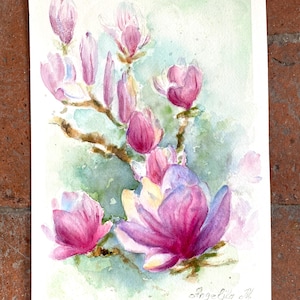 Magnolia originale dipinto ad acquerello fiori, decorazione murale floreale viola ad acquerello