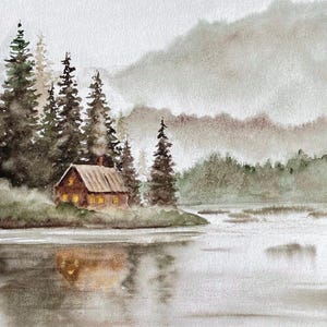 Aquarelle originale, art mural ciel coloré, paysage de montagne, forêt de pins, peinture abstraite.