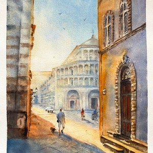 Aquarelle représentant Lucques en Italie, cadeau pour les amateurs de voyages, oeuvre d'art murale originale.