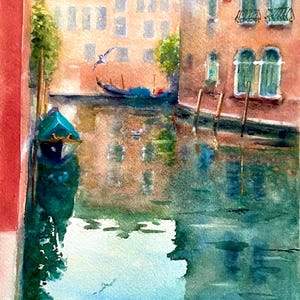 Aquarelle originale de paysage marin, gondoles de Venise, peinture italienne.