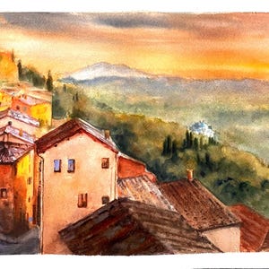 Aquarelle de Toscane en Italie, oeuvre d'art originale faite main.