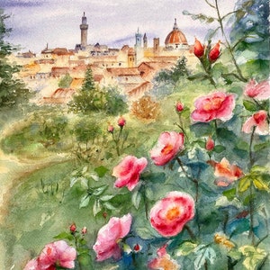 Peinture de roseraie de Florence en Toscane, art mural aquarelle original, cadeau esthétique botanique pour amoureux de l'Italie