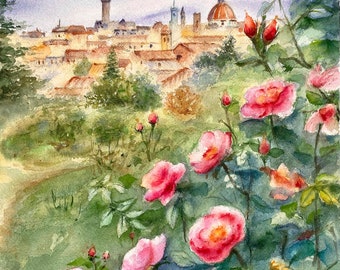 Tuscany Florence rose garden painting, Original watercolor wall art, Italy lover botanical aesthetic gift