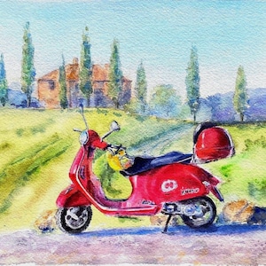 Acuarela original de la Toscana, cuadro de Vespa y ciprés