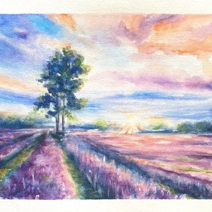 Dipinto originale ad acquerello di paesaggio di lavanda, arte murale toscana
