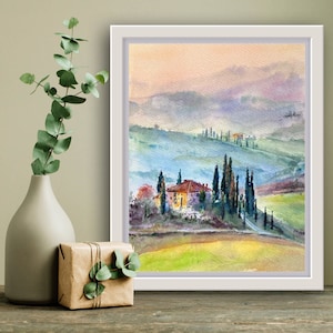 Dipinto originale ad acquerello di cipresso, arte murale con cielo colorato