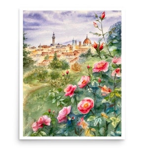 Affiche d'une aquarelle originale représentant la Toscane à Florence, impression, roseraie, cadeau à un amoureux de l'Italie, panorama de la ville.