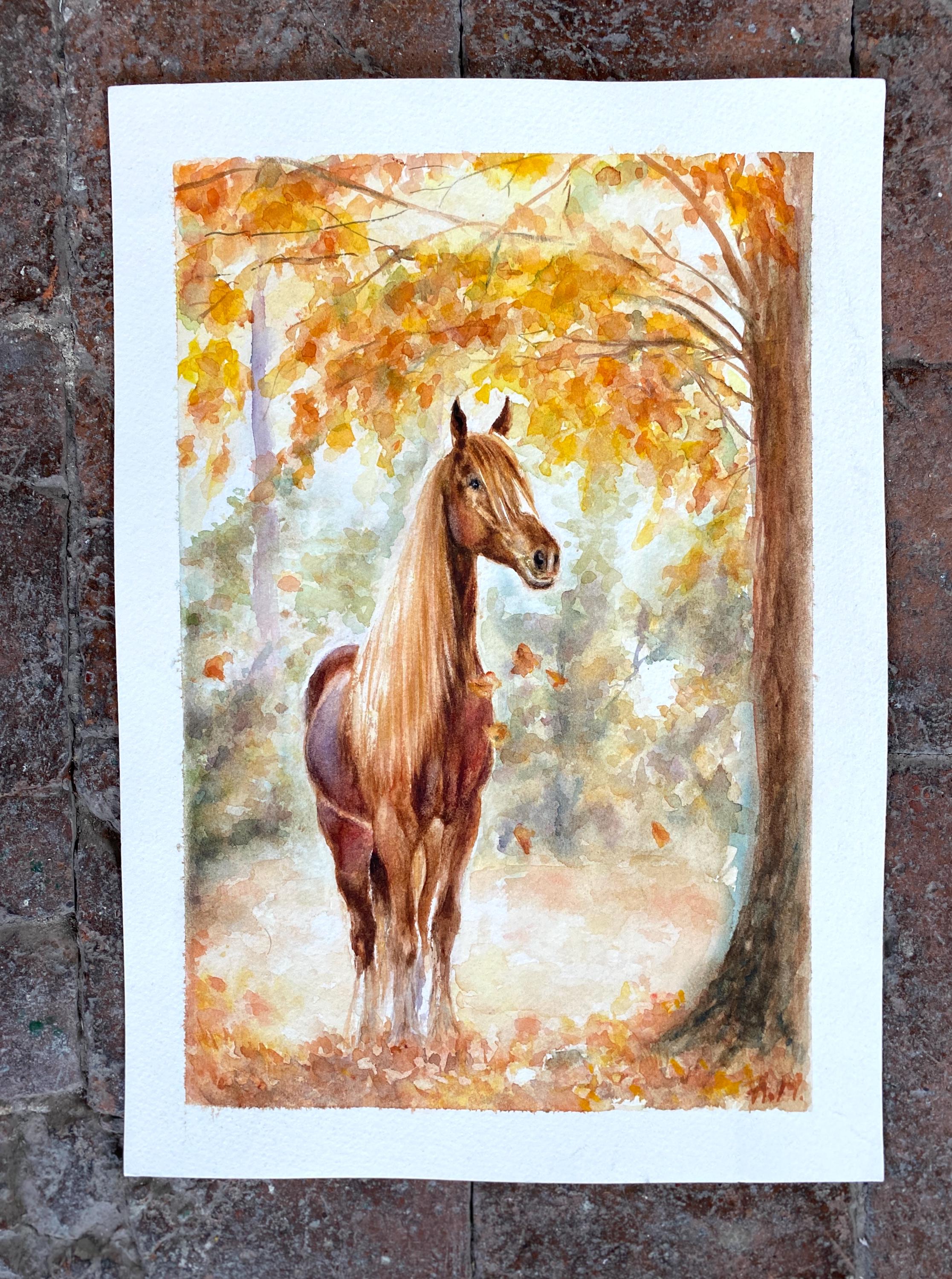 馬の風景画 絵画　森　アート オリジナルの水彩画「馬の絵画」：秋の風景画 - Etsy 日本