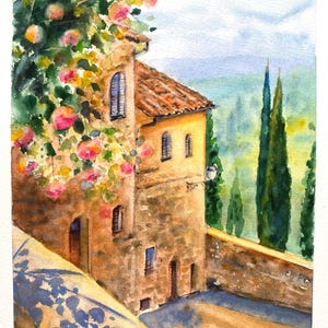 Aquarelle originale de Toscane, art mural ciel coloré