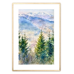 Aquarelle originale, art mural ciel coloré, paysage de montagne, forêt de pins.